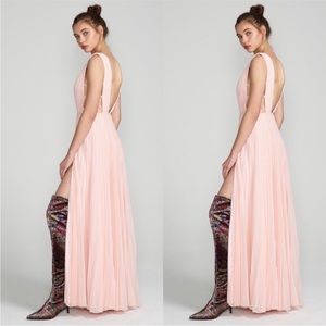 Fame and Partners Allegra Deep V Neck Pleated Maxi Dress in Peach